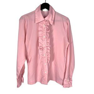 Vintage 80s Pink Long Sleeve Button Up Ruffle Front Top Medium
